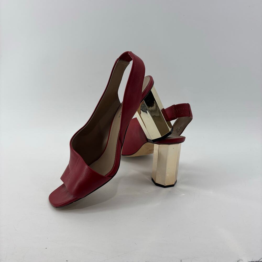 Donald Pliner Womens Size 9.5 Red Open Toe Pumps Slingback Gold Heels - Picture 11 of 13